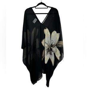 Carmen Marc Valvo Women’s Sheer Caftan Swim Cover Up Black w/Botanical Print M/L